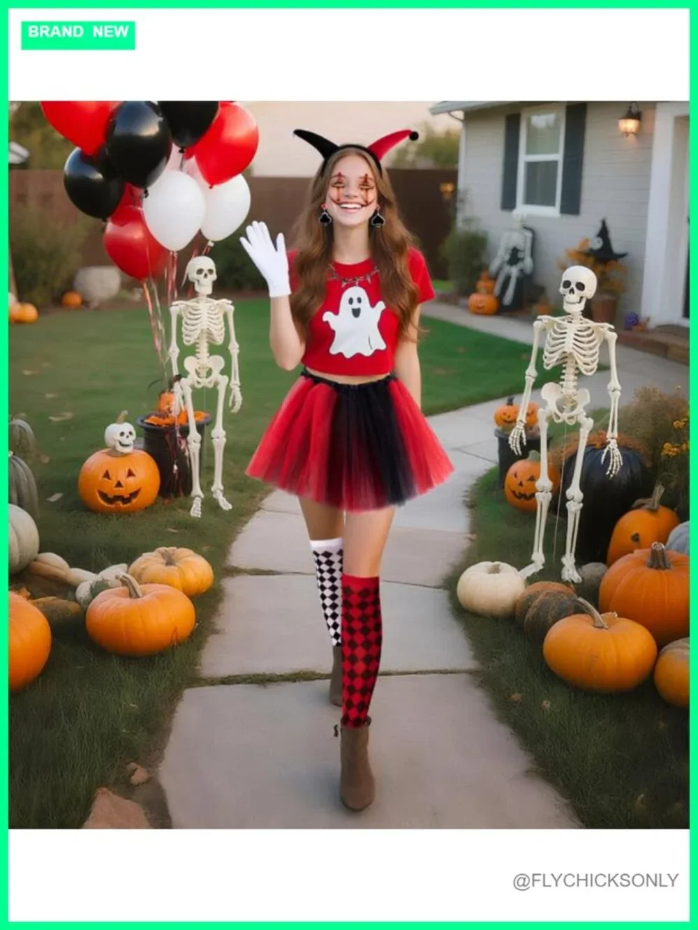 13-Piece Halloween Clown Costume Set for Women - Tutu Skirt, Mask, Gloves & More
